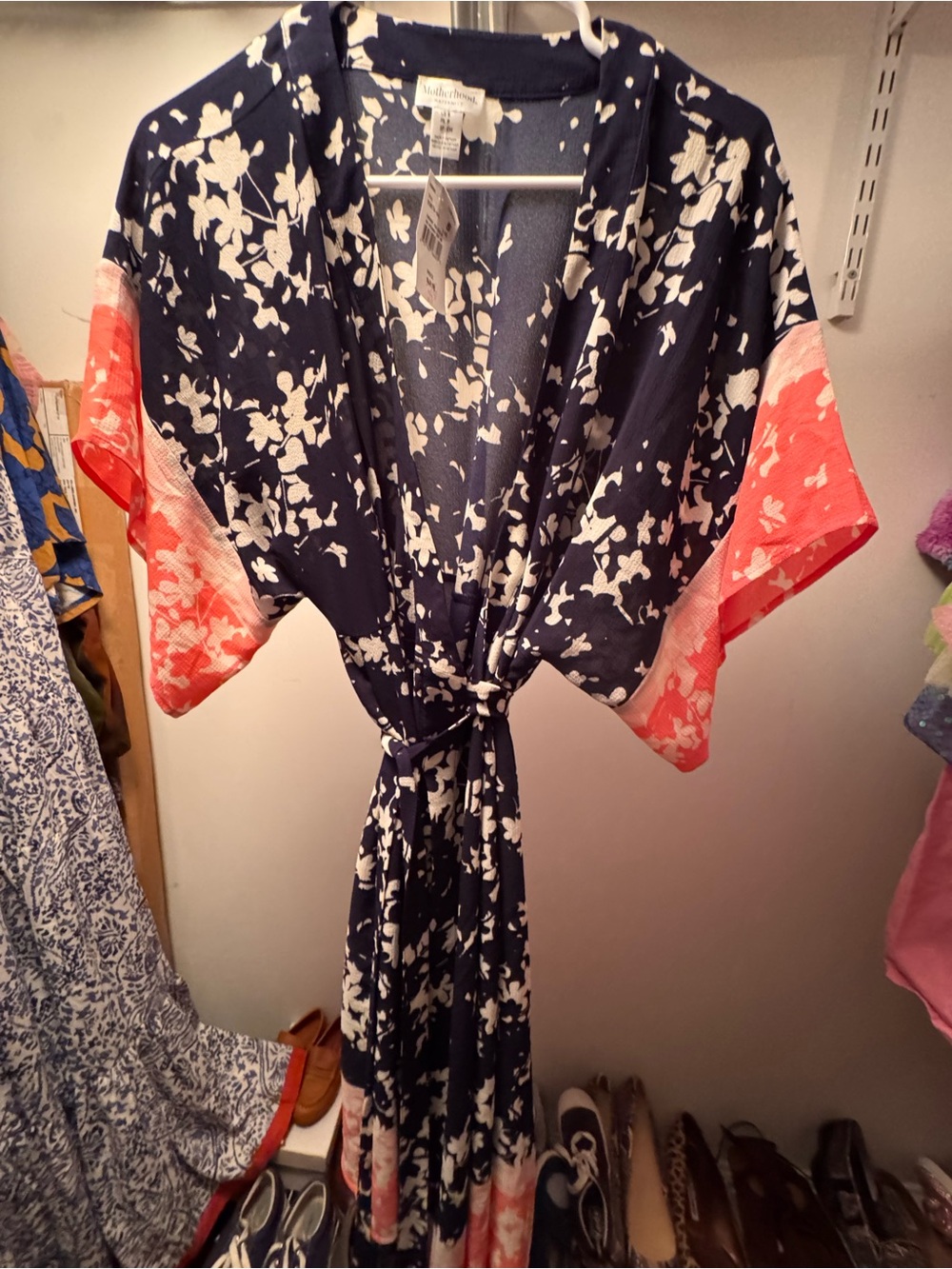 Motherhood Navy Floral Maxi Dress with Coral Accent Sleeves